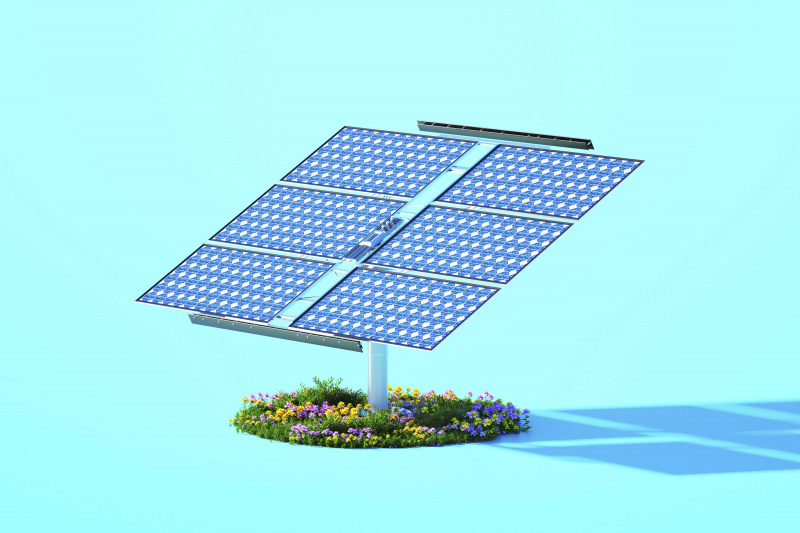   digital genererad bild av solpanelssystem som står på cirkel med gräs och blommor på blå bakgrund hållbar energi koncept
