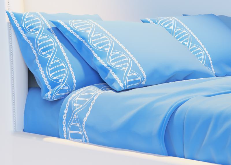 travesseiro e lençóis azuis com impressão de hélice de DNA